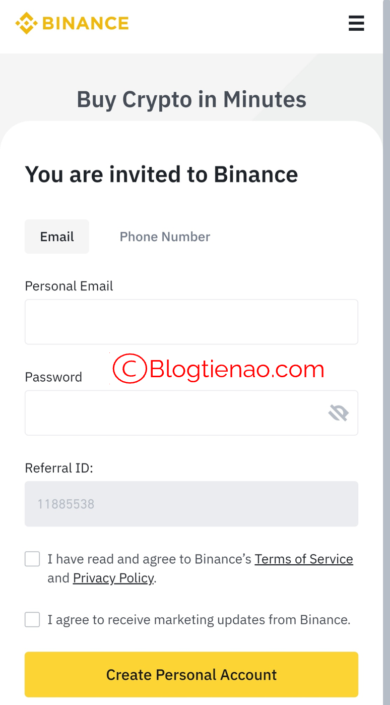 b2 điền thông tin đăng ký binance